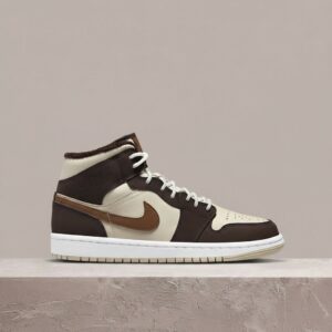 Jordan 1 Mid SE Cream Dark Chocolate, brąz/beż, shearling, perforowany noseczek, drop 2022, unisex, zimowa sylwetka, DO6699-200