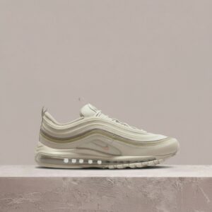 Nike Air Max 97 Bone Beige, damska sylwetka, beżowo oliwkowa kolorystyka, tekstyl i syntetyk, sneakersy, DX3947-200