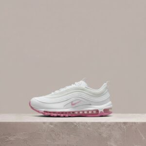 Air Max 97 SE Chenille Swoosh Pink Foam, Nike, damska sylwetka, biel i róż, sneakersy FJ4549-100