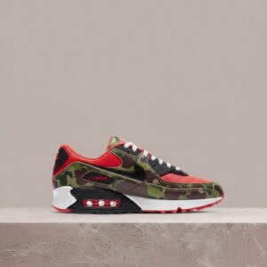 Sneakersy Nike Air Max 90 Reverse Duck Camo, czerwono-khaki, kamuflaż kaczy, unisex, siatka i zamsz, Max Air, CW6024-600