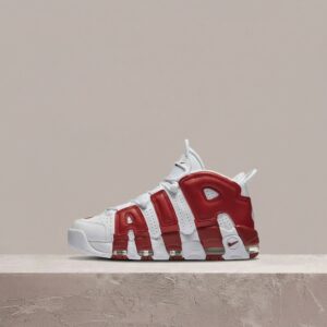 Nike Air More Uptempo White Red, unisex, basketball sylwetka, duży napis AIR, retro drop 2016, biało-czerwone 414962-100