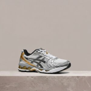 ASICS Gel-Kayano 14, kolorystyka White Pure Gold, sylwetka unisex, biało-złoty drop, sneakersy 1201A019-102