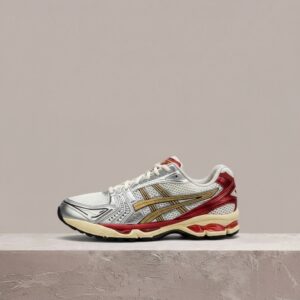 ASICS GEL-Kayano 14 Cream Pure Gold, sylwetka unisex, srebrno czerwona kolorystyka, siatka i syntetyk, drop sneakersów 1203A692-100