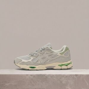 ASICS GEL-NYC Cloud Grey Green, sylwetka unisex, szaro-zielony colorway, eko skóra i mesh, 1203A383-022