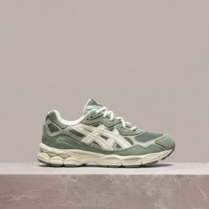 ASICS GEL-NYC Ivy Smoke Grey, sylwetka unisex, zamsz, siatka i tekstyl, kremowo-zielony colorway, 1203A383-302