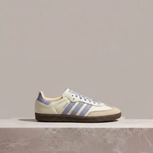Adidas Samba OG damskie, sylwetka retro, kremowo fioletowy colorway, złote detale, zamsz i skóra, gum sole, JI2678