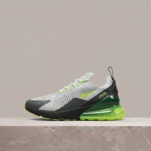 Nike Air Max 270 Platinum Volt, męska sylwetka, szaro czarny colorway, dzianina, Max Air w pięcie CJ0550-001
