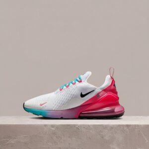 Nike Air Max 270 Miami Marlins, sylwetka lifestyle, biało-różowa kolorystyka, Max Air widoczny w pięcie, unisex, HQ8001-100