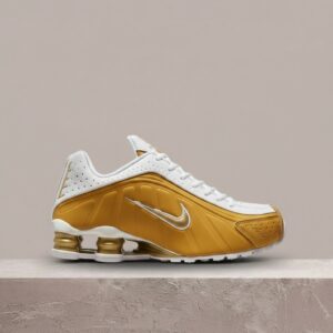 Nike Shox R4 white gold, retro sylwetka, amortyzacja w pięcie, skóra plus syntetyk, perforacje, unisex drop, AR3565-010