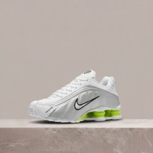 Nike Shox R4 White Metallic Silver Volt, unisex sneakersy, srebrna cholewka, Volt w pięcie, drop AR3565-102