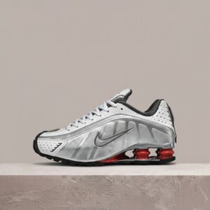 Nike Shox R4, kolorystyka Comet Red, srebrno biała skóra, czerwone sprężyny, retro drop unisex BV1111-100