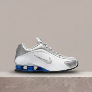 Nike Shox R4 Metallic Silver Deep Royal Blue, srebrno biała sylwetka, skóra, syntetyk, unisex, must have HQ1988-102