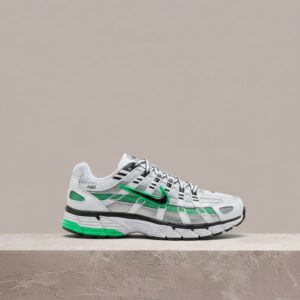 P-6000 od Nike, sylwetka unisex, kolorystyka White Metallic Silver Spring Green Black, biało-srebrna, nylon i siatka, drop CD6404-104