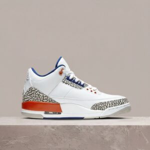 Air Jordan 3 Knicks, męskie sneakersy, biało-pomarańczowe, skóra, elephant print, drop 2019, kultowa sylwetka 136064-148