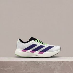 Adizero Evo SL White Purple Lime Burst od Adidas, drop dla biegaczy, biało fioletowa kolorystyka, męskie, JS4495