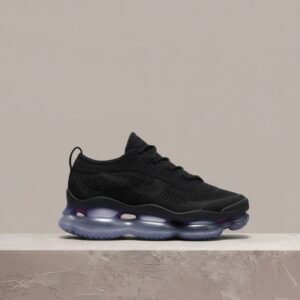 Nike Air Max Scorpion Flyknit, czarno-fioletowa kolorystyka, uliczna sylwetka, sneakersy unisex, DR0888-001
