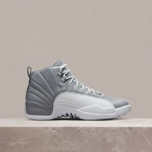 Air Jordan 12 Retro Stealth, męska sylwetka, biało szara kolorystyka, tekstyl plus eko skóra, gumowa podeszwa, CT8013-015