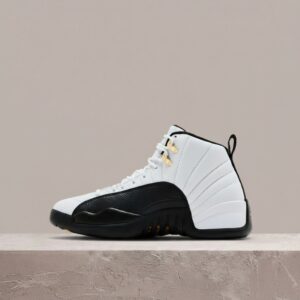 Air Jordan 12 Retro Royalty Taxi, męska sylwetka, biało czarna kolorystyka, skóra, drop CT8013-117