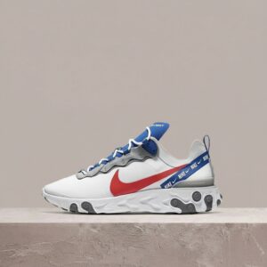 Nike React Element 55, White Game Royal Habanero Red, sylwetka lifestyle, drop 2019, biało-niebieska kolorystyka, unisex, CD7340-100