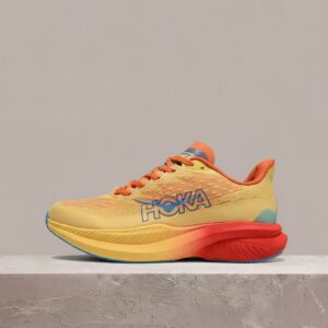 Hoka Mach 6, żółto-pomarańczowy colorway, sylwetka do treningów tempowych, unisex drop 1147810-PYS