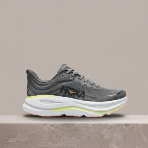Hoka Bondi 9 Asphalt Gravel, damska sylwetka, szary drop, knit, maksymalna amortyzacja, uliczny komfort 1162011-ALTG