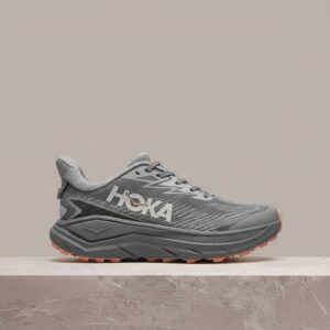 Hoka Challenger 8 GTX Wmn Cement Gravel, damska sylwetka, szaro ziemista kolorystyka, tekstyl i syntetyk 1171959-CVL