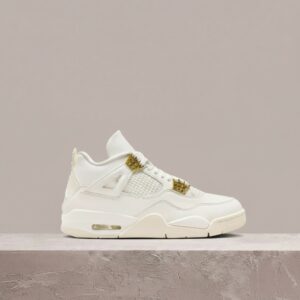 Air Jordan 4 Retro Metallic Gold, sylwetka kultowa, beż i biel, skóra plus siatka, unisex, sneakersy do kolekcji AQ9129-170