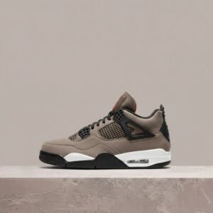 Sneakersy Air Jordan 4 Retro Taupe Haze, unisex, zamsz i siatka, brązowo-czarna kolorystyka, wysoka cholewka, Air w pięcie, DB0732-200