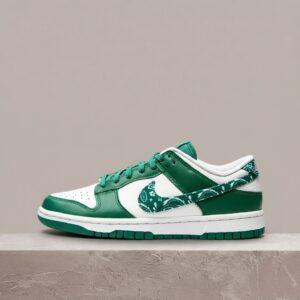 Nike Dunk Low Essential, colorway Paisley Pack Green, zielono-biała skóra, unisex, kolekcjonerski drop DH4401-102