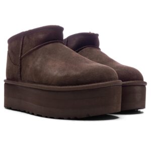 UGG Classic Ultra Mini Platform, brąz, damska sylwetka, zamsz plus futro, platforma, 1135092-BCDR